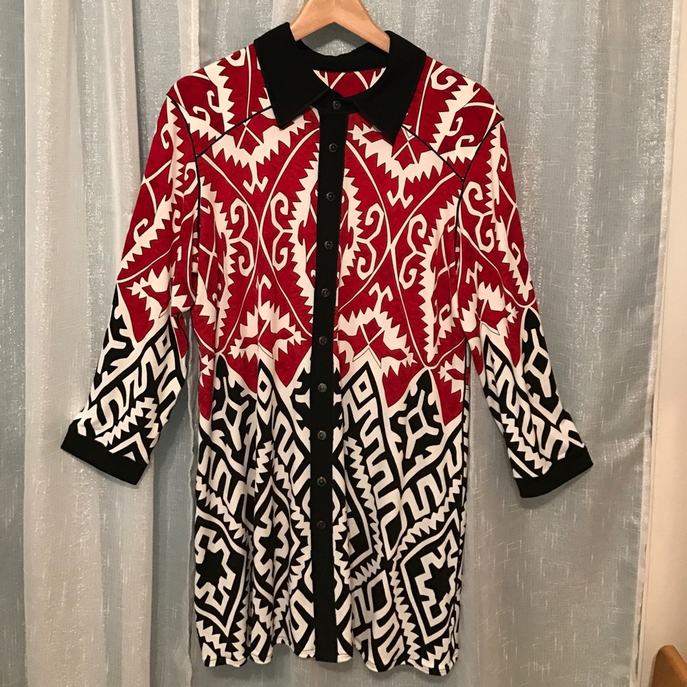 Long length red black and white top.