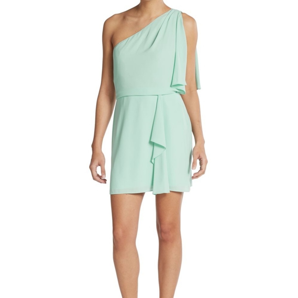 BCBGMaxAzria pale green one-shoulder "Mina" dress