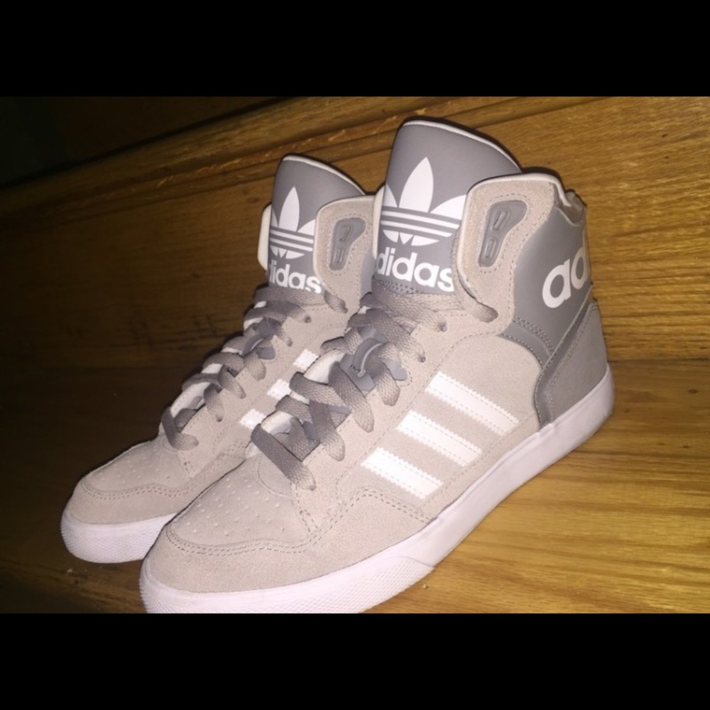 Light grey Adidas Extaball high tops