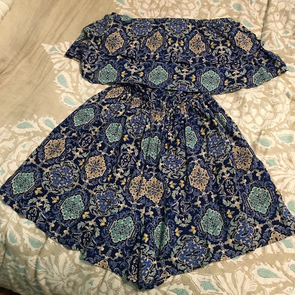 Strapless blue and tan patterned romper