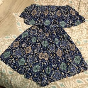 Strapless blue and tan patterned romper