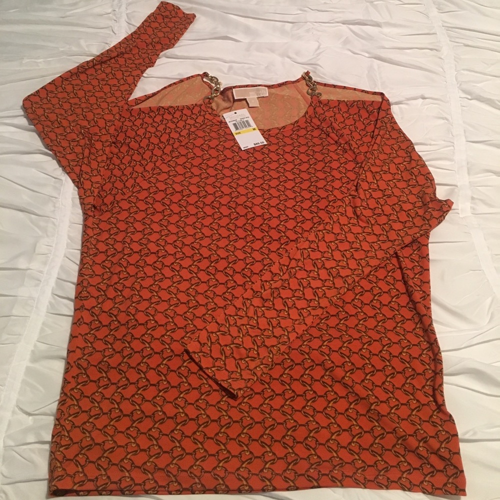 Micheal Kors orange and gold cutout shoulder top