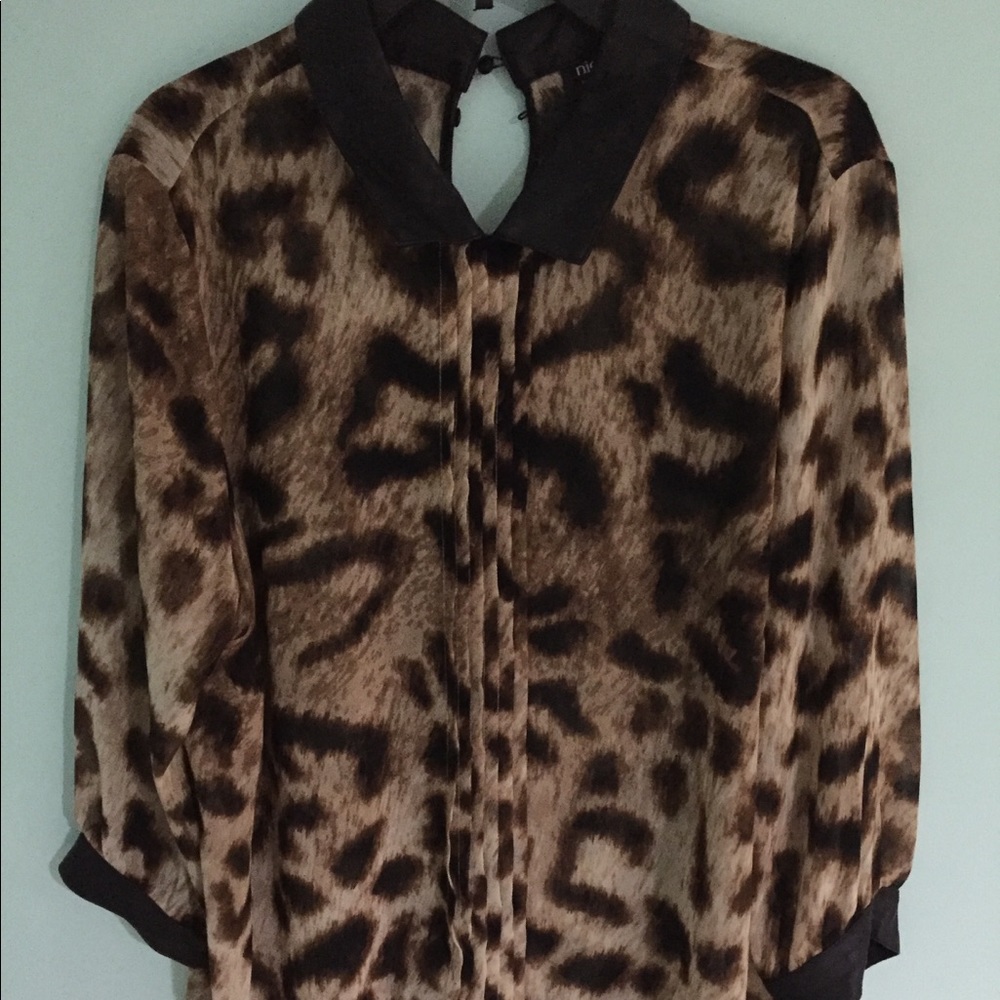 Sheer leopard blouse with leather detail