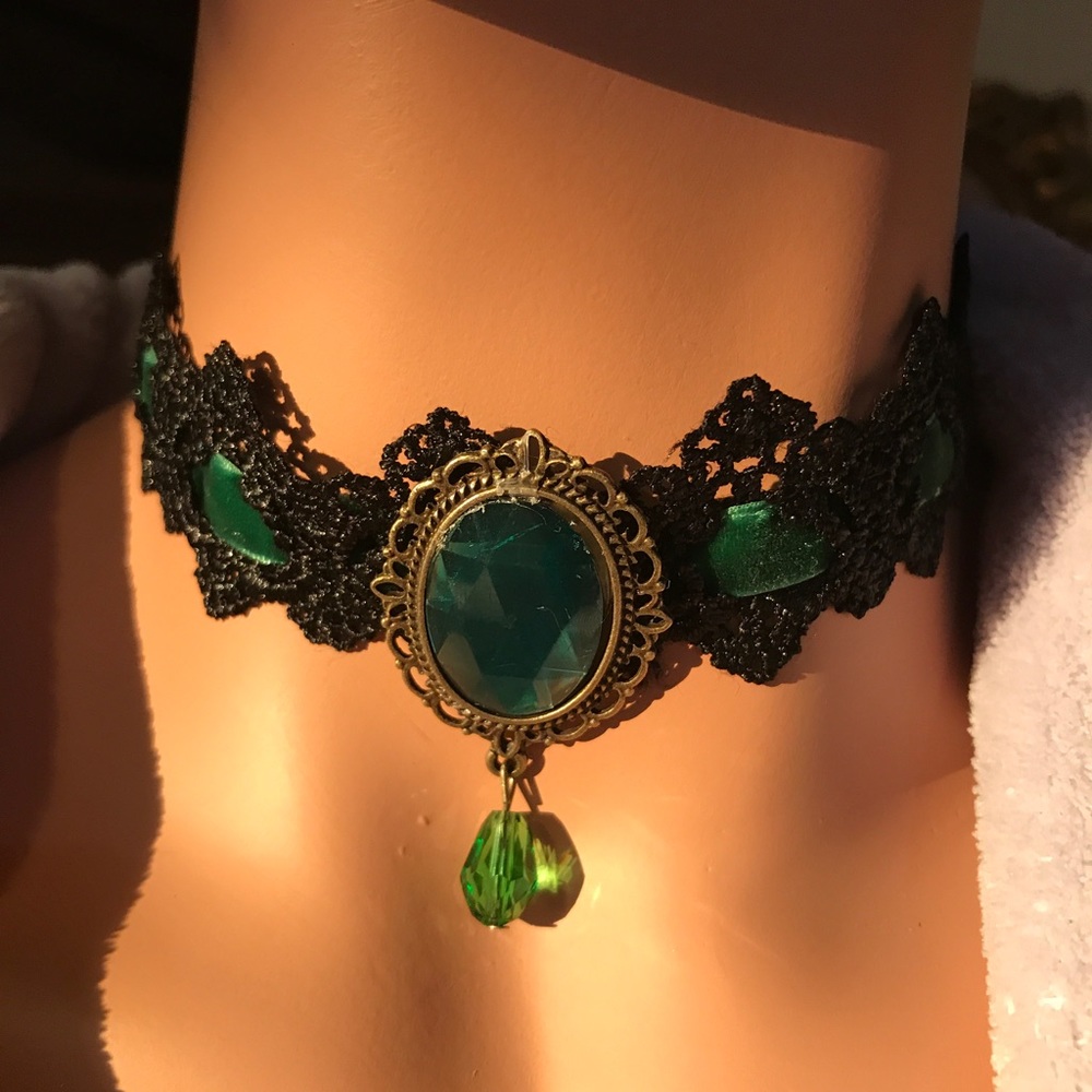Black Lace Chocker with Green Gem.