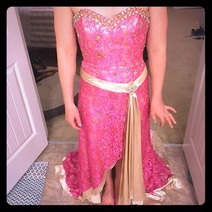 Pink lace and gold prom dress