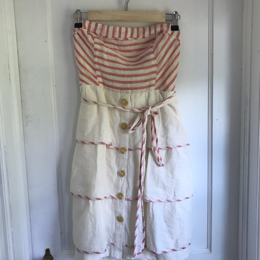 ANTHRO Maeve Striped Linen Blend Strapless Dress