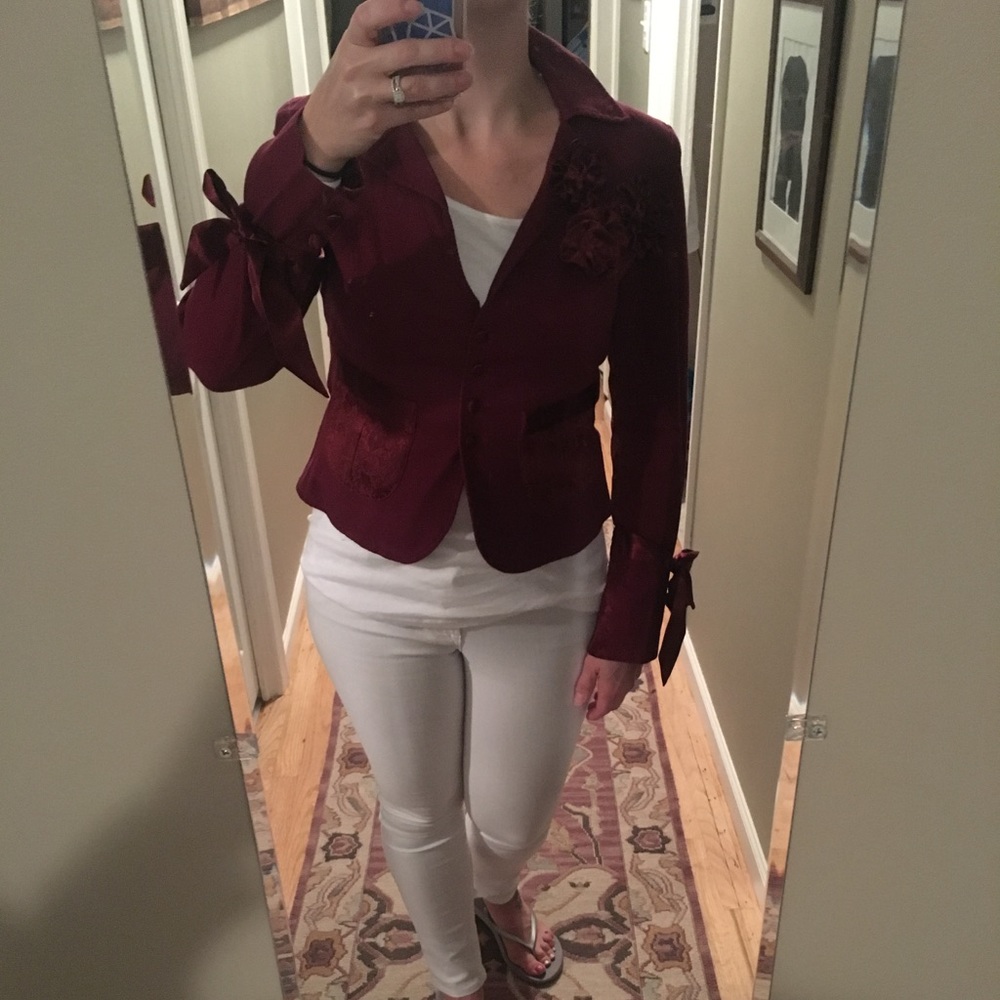 Burgundy stretch corduroy, damask & satin blazer