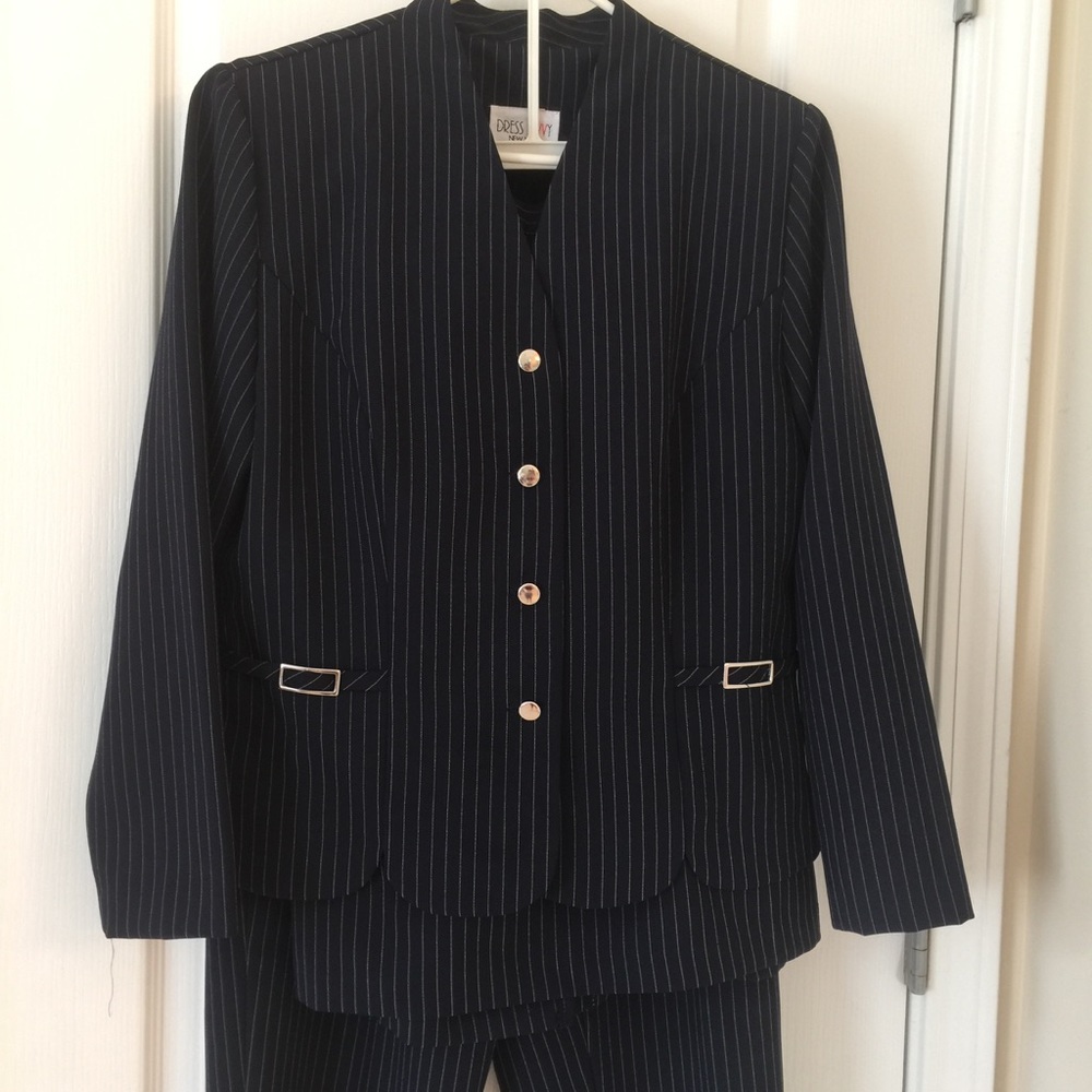 3 Piece Striped Suit Navy Blue Scalloped Hem