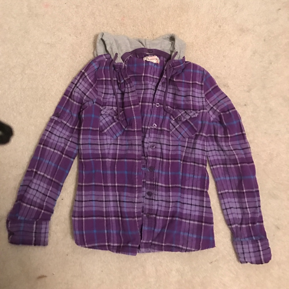 Purple plaid shirt with grey hood