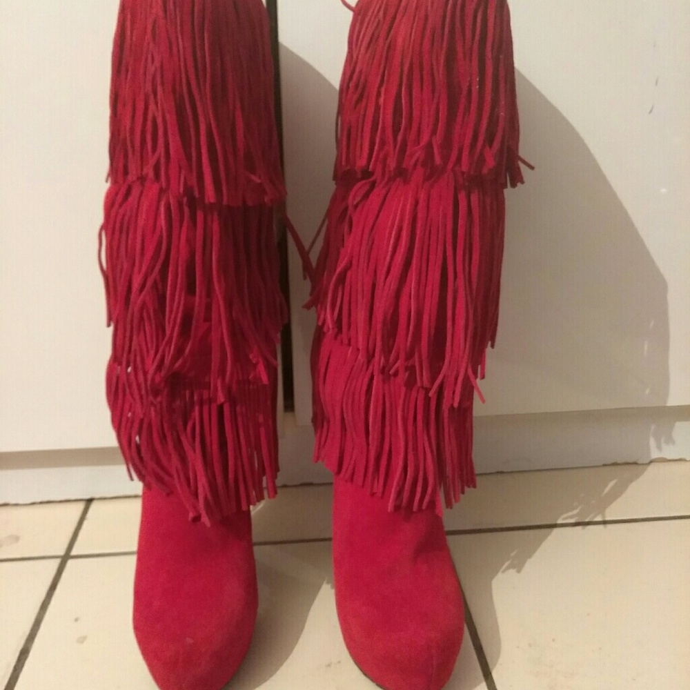 Red HOTT SUEDE FRINGED BOOTS