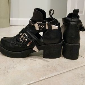 Cut-out faux leather booties, worn twice