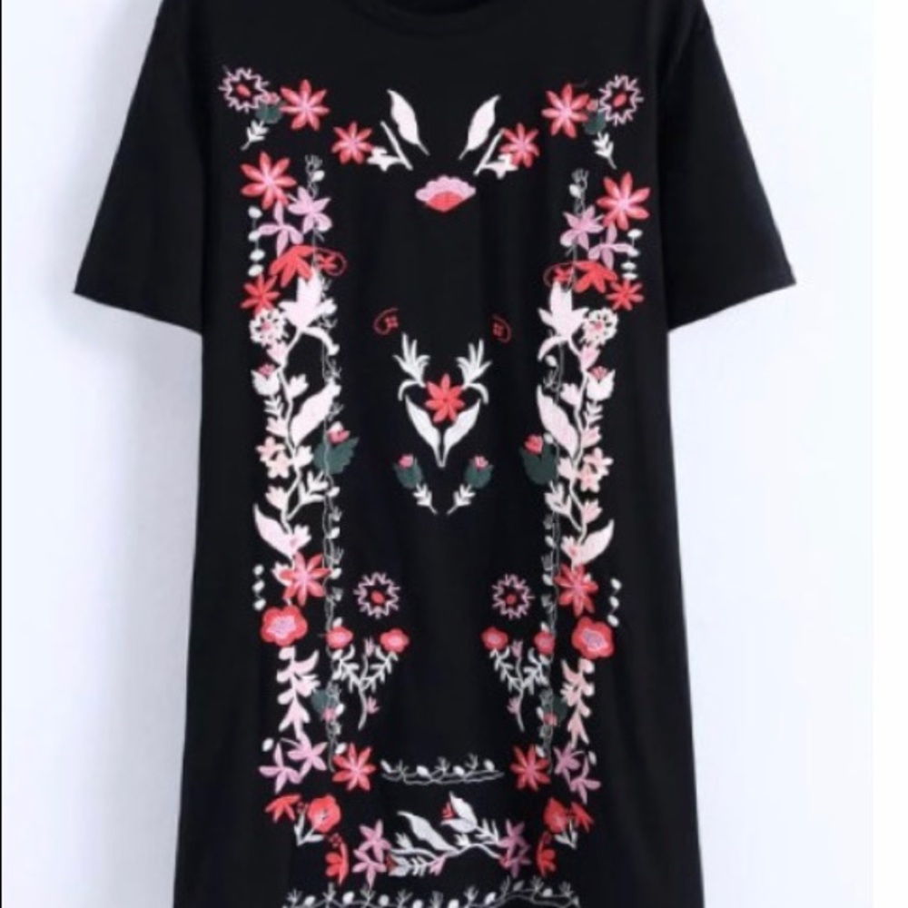 Black t shirt dress with floral sewing