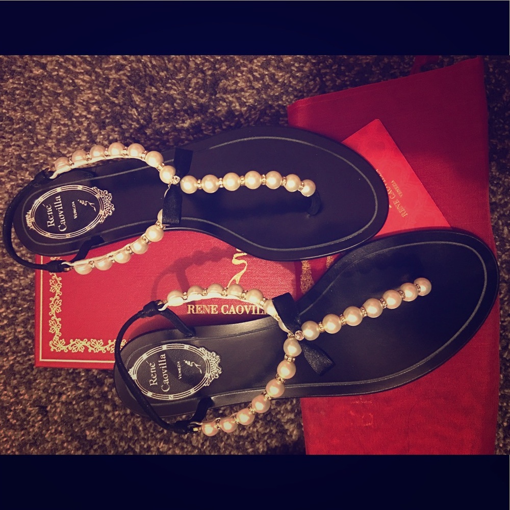 Rene Caovilla Pearly Crystal Thong Sandal Black 38