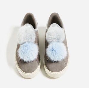 Zara grey leather sneakers with pompoms