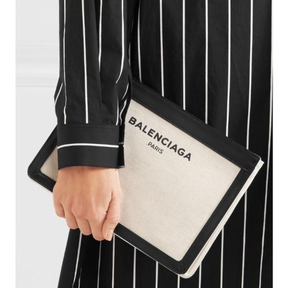 Balenciaga Navy Pochette leather trim canvas bag - Picture 5 of 8