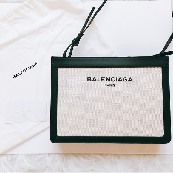 Balenciaga Navy Pochette leather trim canvas bag - Picture 6 of 8