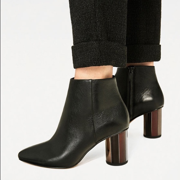 Zara black ankle leather boots with metallic heel - Picture 1 of 4
