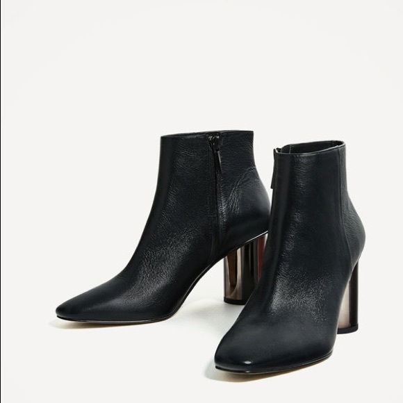 Zara black ankle leather boots with metallic heel - Picture 2 of 4