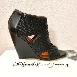 NWT Elizabeth and James Black Woven Leather Wedges