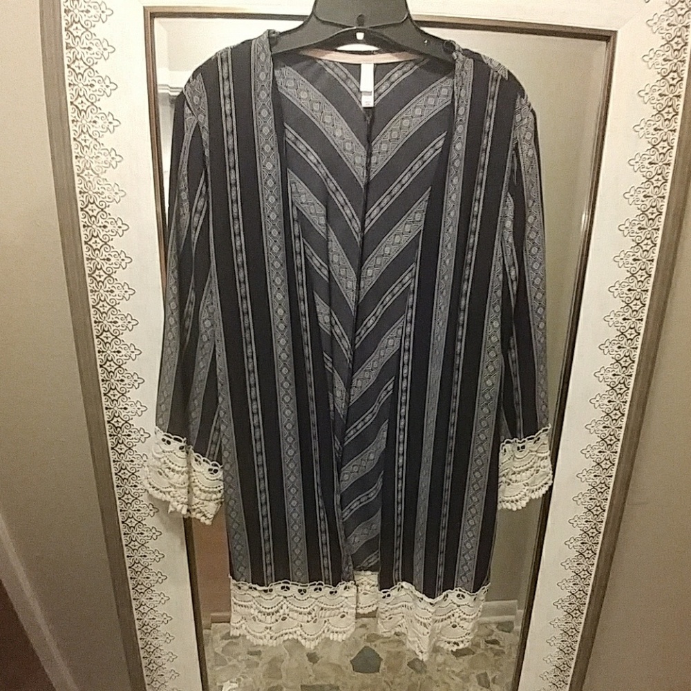 Navy Open Front Cardigan Top with Crocheted Trim