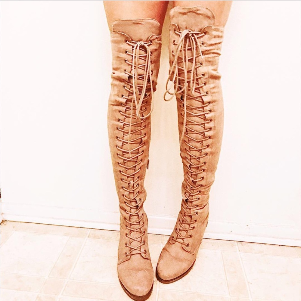 Taupe Suede Lace Up Thigh High Boots - Picture 2 of 3