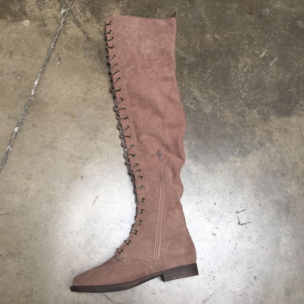 Taupe Suede Lace Up Thigh High Boots - Picture 3 of 3