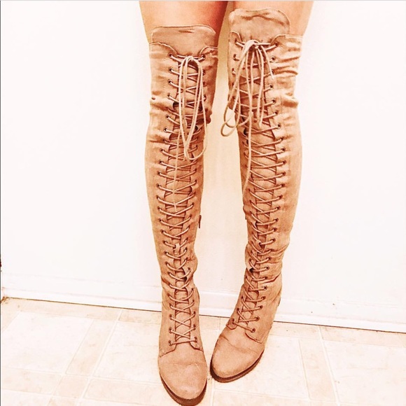 Taupe Suede Lace Up Thigh High Boots - Picture 2 of 3