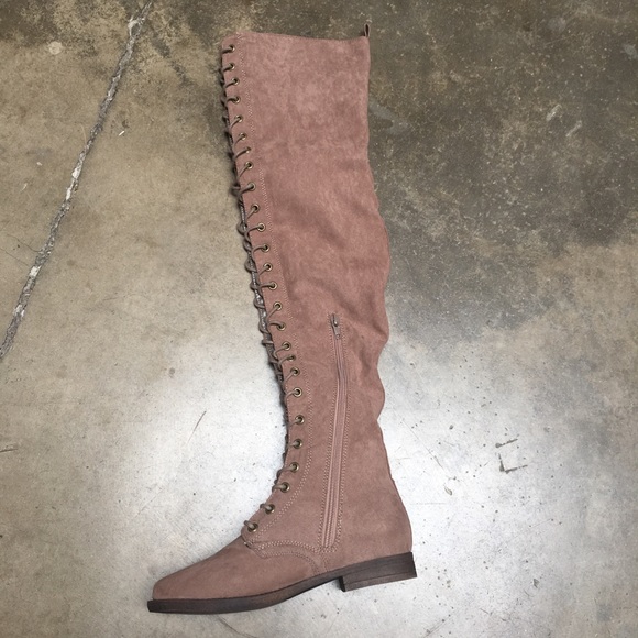 Taupe Suede Lace Up Thigh High Boots - Picture 3 of 3