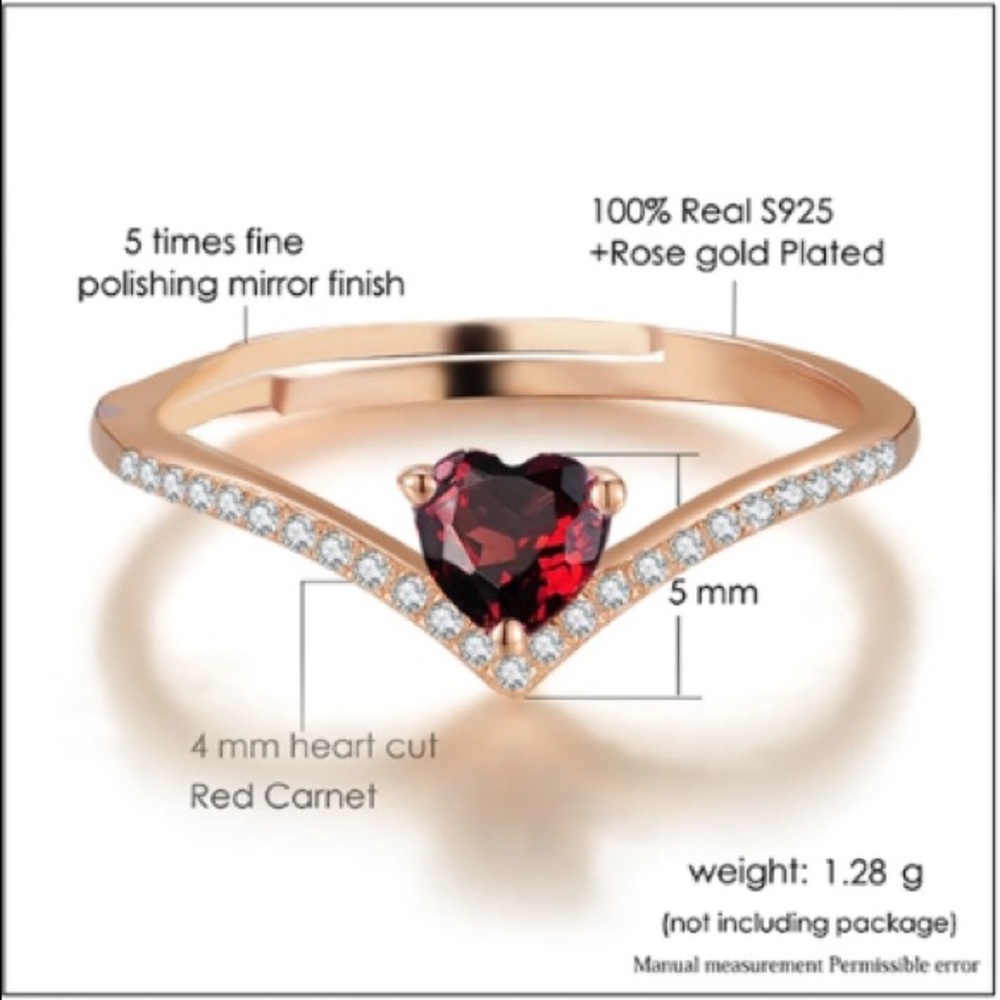 Rose Gold Red Garnet Sterling Silver Ring - Picture 5 of 8