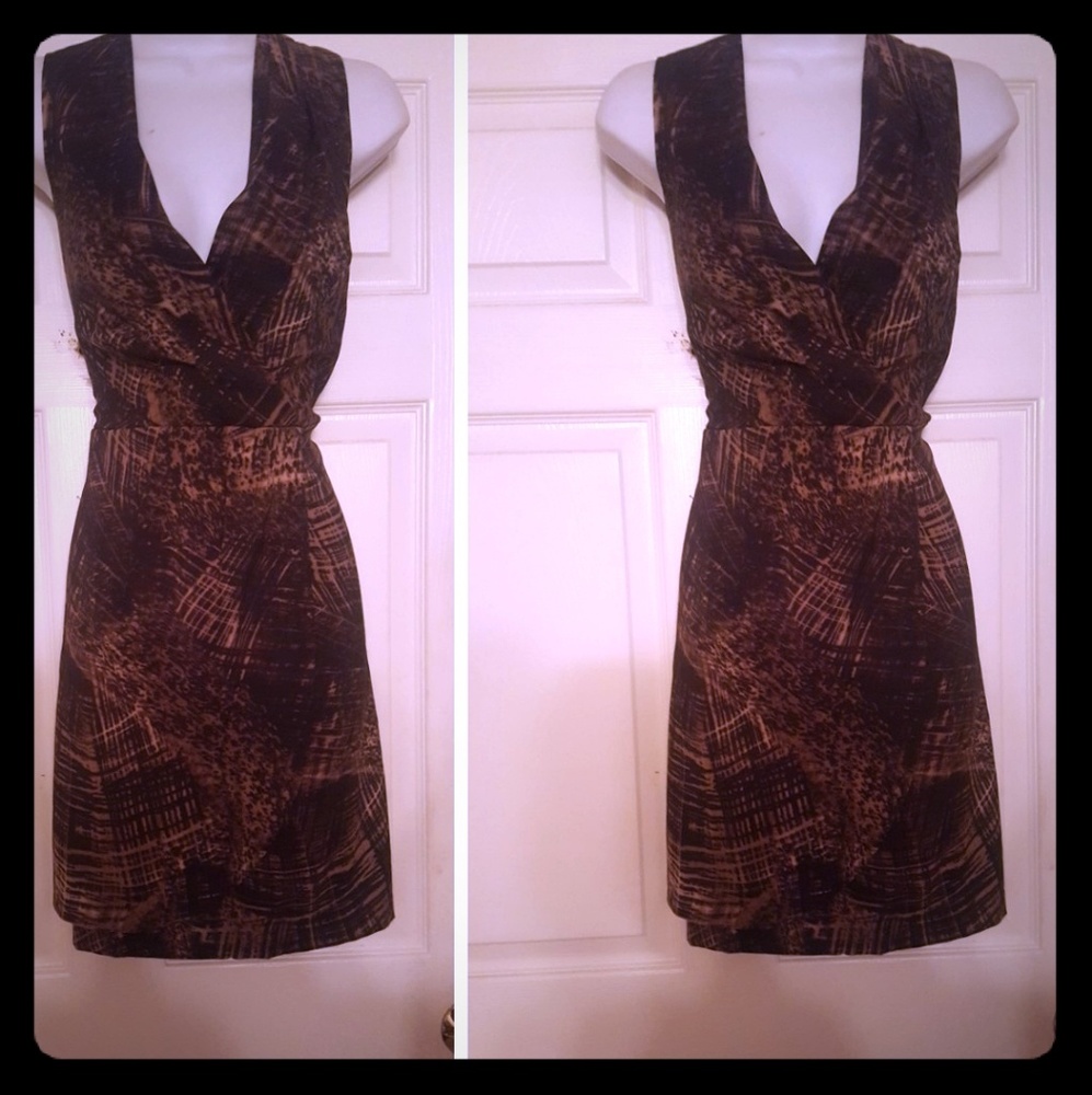 Brown print faux wrap dress with deep v neckline