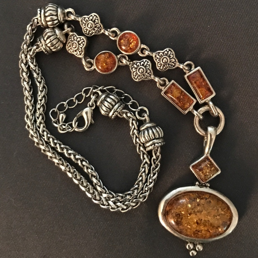 Amber and silver pendant necklace
