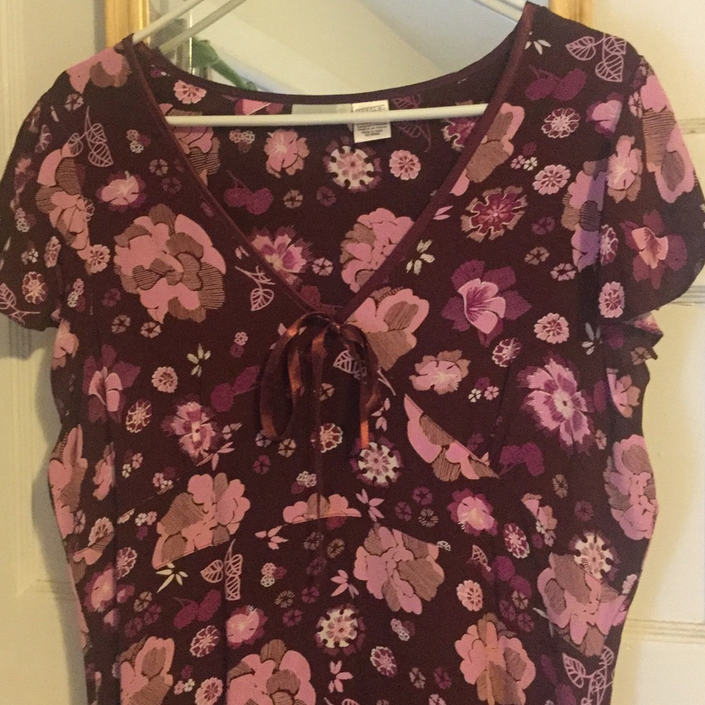 Plum/pink floral dress.