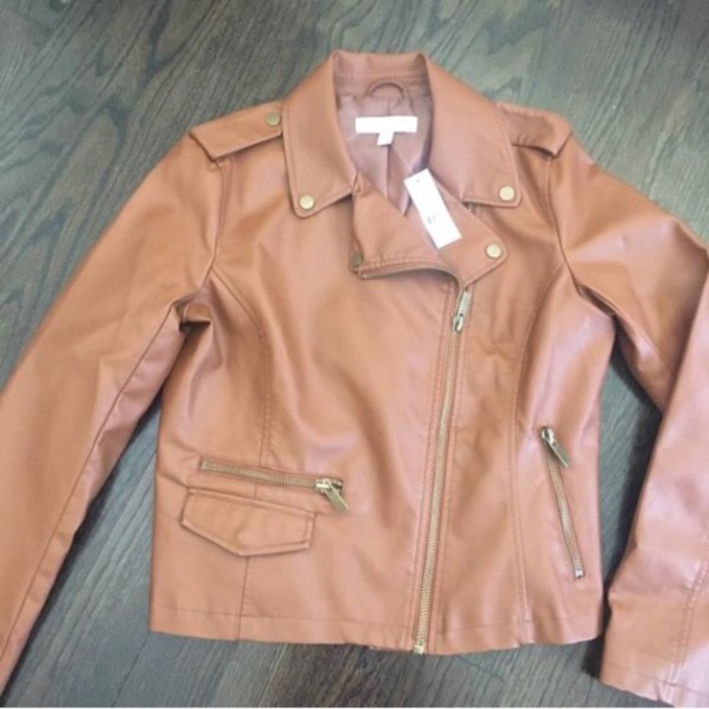 NWT New York & Co Tan Faux Leather Moto Jacket - Picture 3 of 8