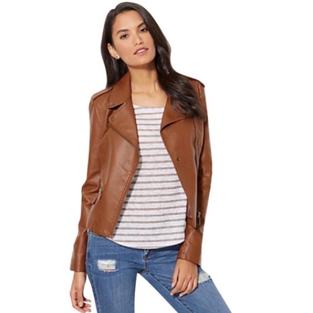 NWT New York & Co Tan Faux Leather Moto Jacket - Picture 7 of 8