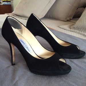 Jimmy Choo Peep Toe Black Suede Pumps Size 36