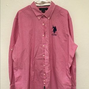 Pink and white large logo polo button down