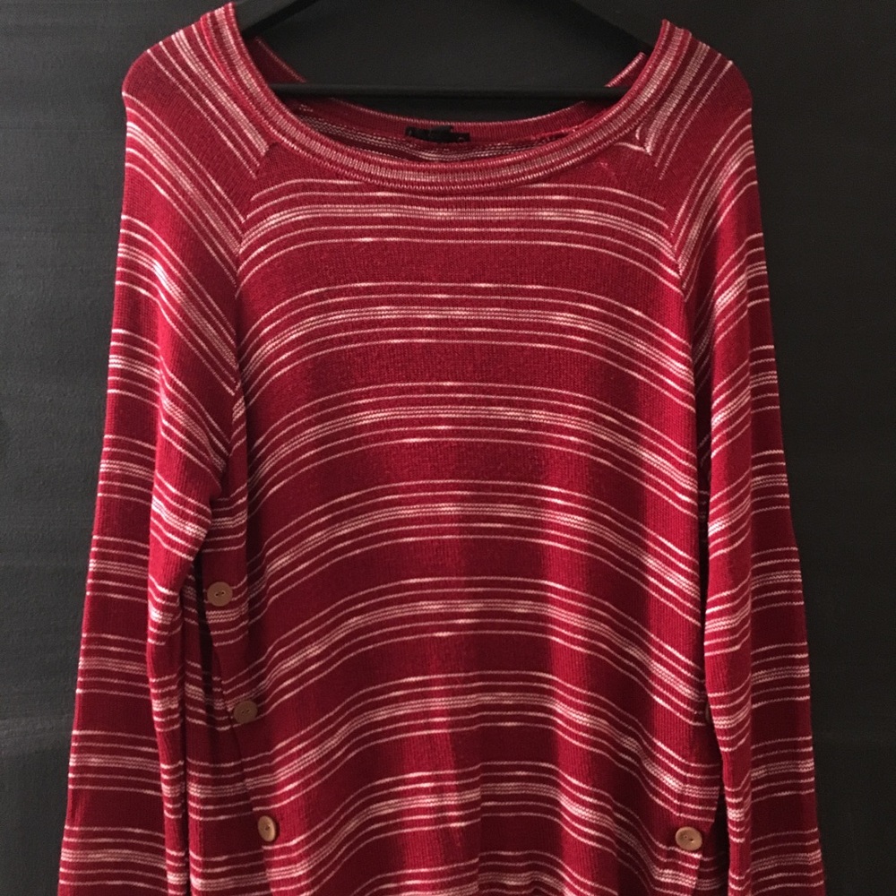 Red and white sweater with buttons and patches
