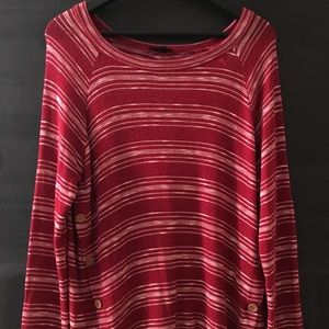 Red and white sweater with buttons and patches