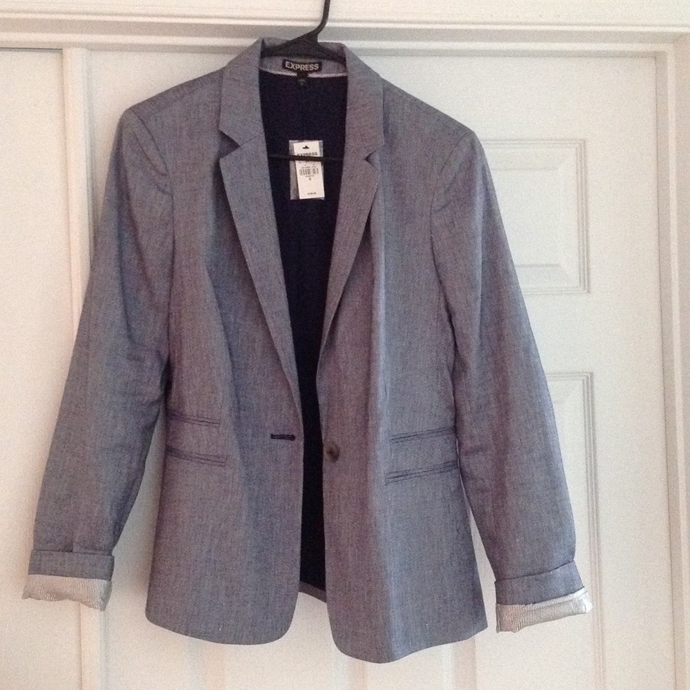 Express 24 Inch Linen Blue Blend One Button Jacket
