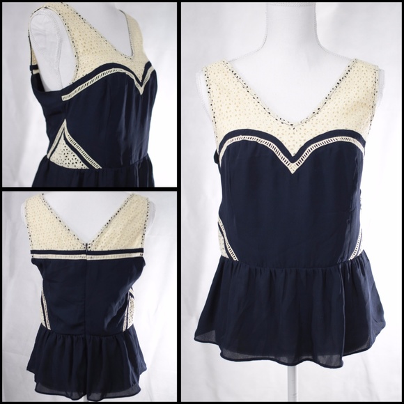 SOLD Navy and Cream Eyelet Peplum Blouse Size L - Picture 1 of 8