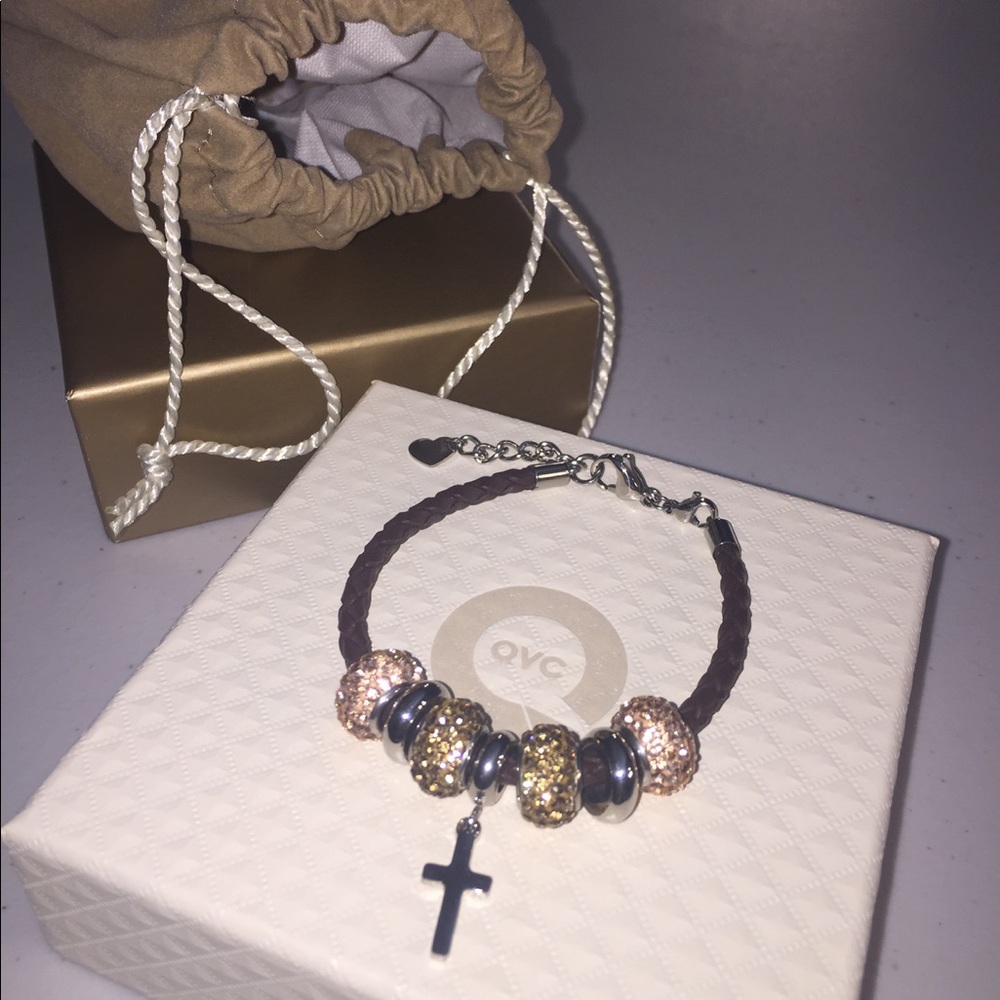 Cross w/Rhinestone Charms Leather Bracelet
