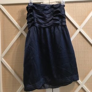 Navy Blue Strapless ruffle top Silk Dress YaDa