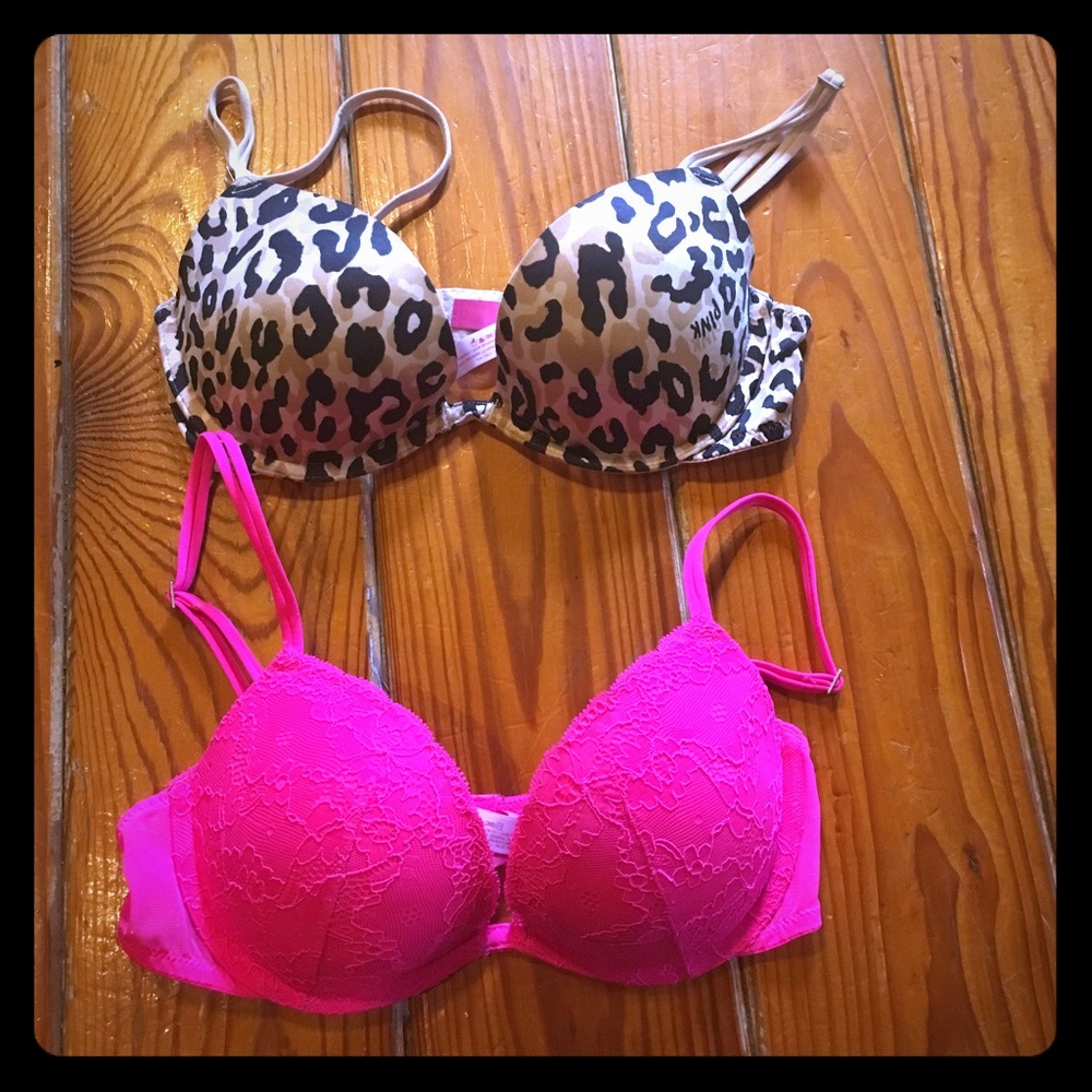 Victoria Secret leopard and hot pink lace bras