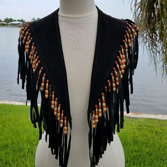 Tops - Vintage Leather Fringed Cropped Poncho