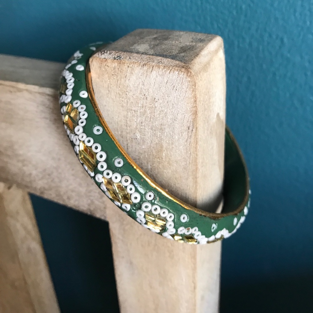 Gold and sage vintage beaded bangle