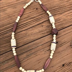 Wood and sterling 25" bead necklace
