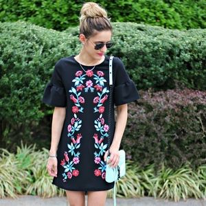 Ruth Printed Embroidery Bell Sleeve Shift Dress