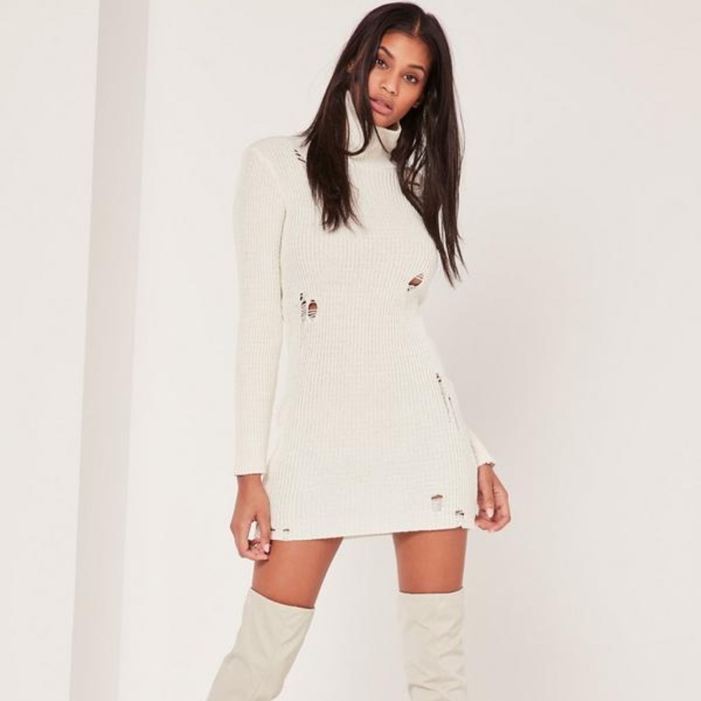 Cream Distressed Roll Neck Sweater Dress