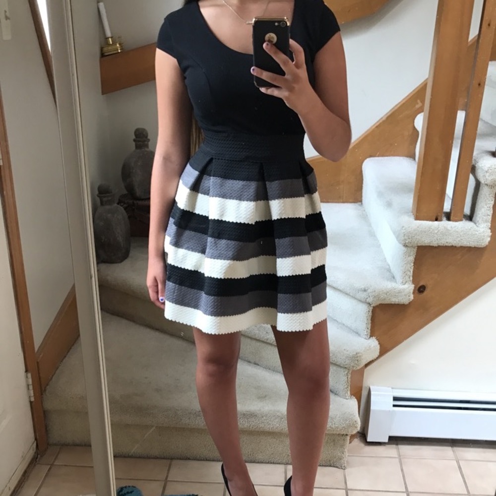 Semi-formal black, white, and grey striped dress