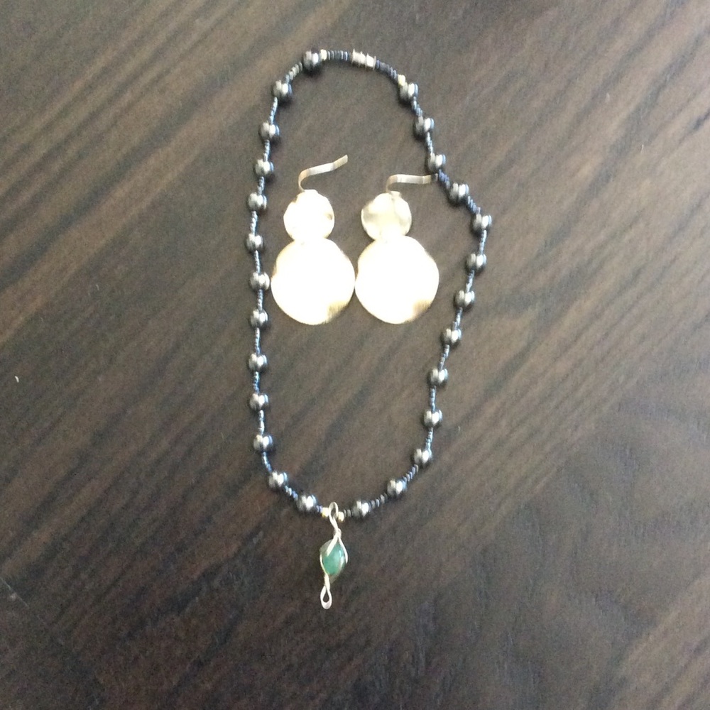 Earrings and hematite necklace.